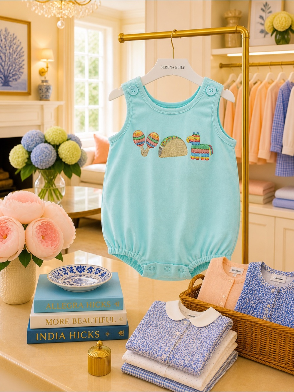 Southern Fiesta Baby Aqua Embroidered Romper 3-6 mos